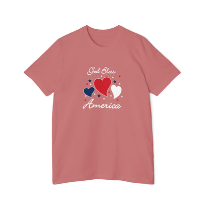 Pink t-shirt with a design showing showing 3 blue, red and white hearts surrounded by blue, red and white stars with the words. God Bless America around the hearts and stars.