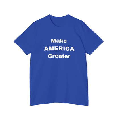 Blue T-shirt with the slogan 'Make AMERICA Greater' printed in bold white letters across the front