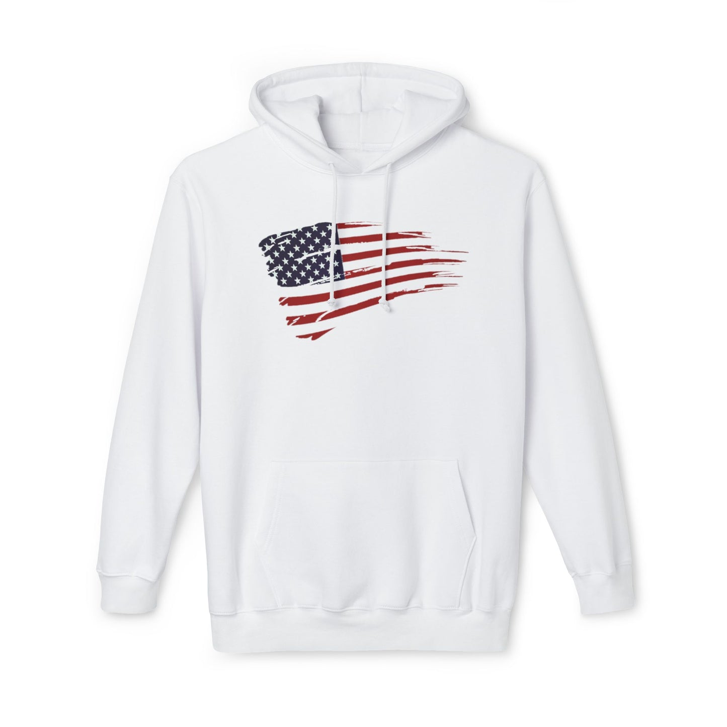 White hoodie featuring a distressed American flag graphic across the chest