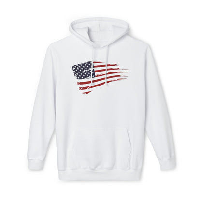 White hoodie featuring a distressed American flag graphic across the chest