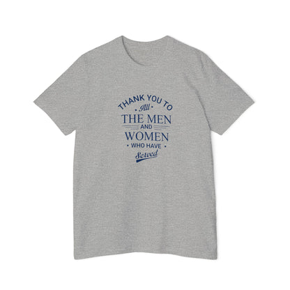 Light gray T-shirt featuring a navy blue text design that reads 'Thank you to all the men and women who have served' in a bold, classic font