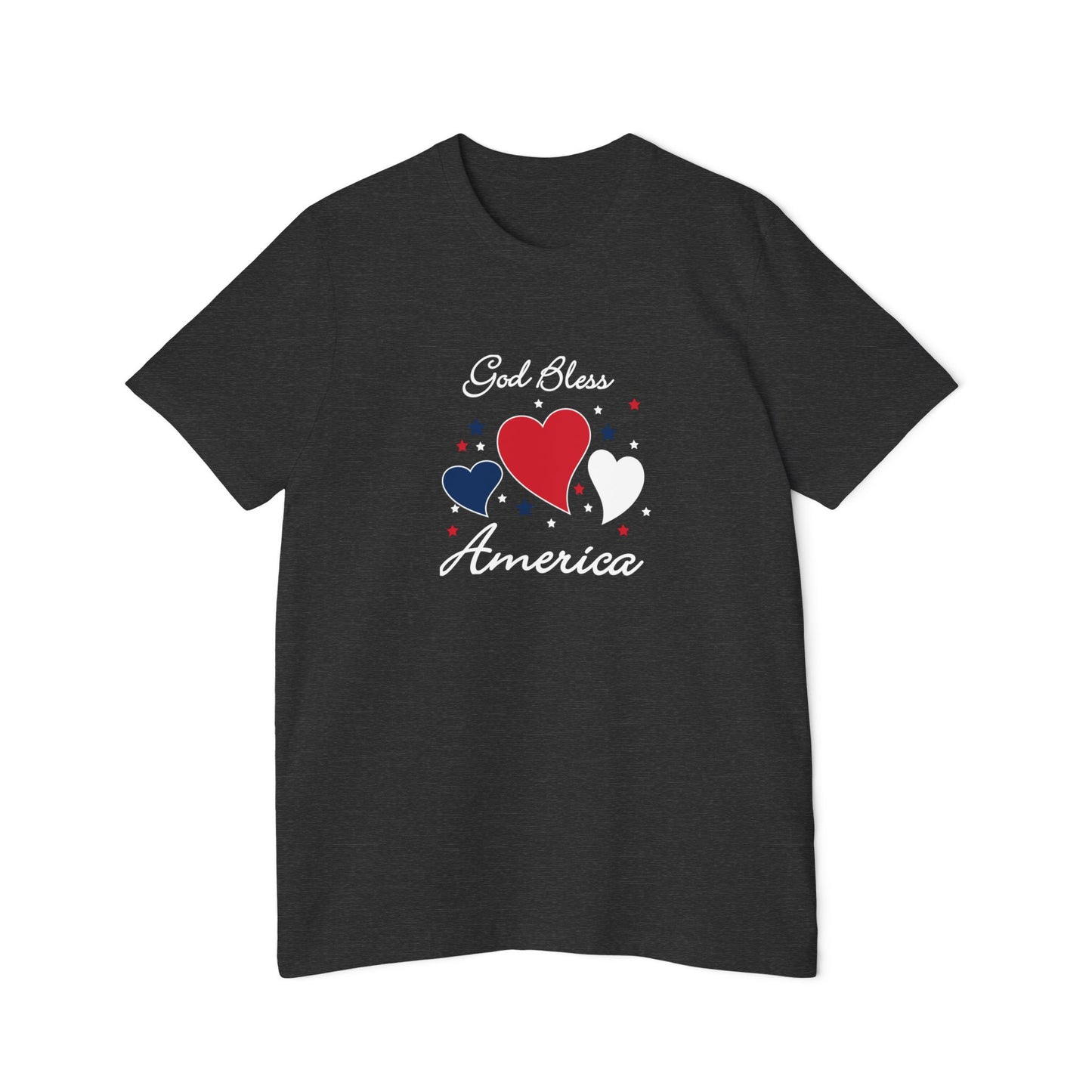 dark grey t-shirt with a design showing showing 3 blue, red and white hearts surrounded by blue, red and white stars with the words. God Bless America around the hearts and stars.