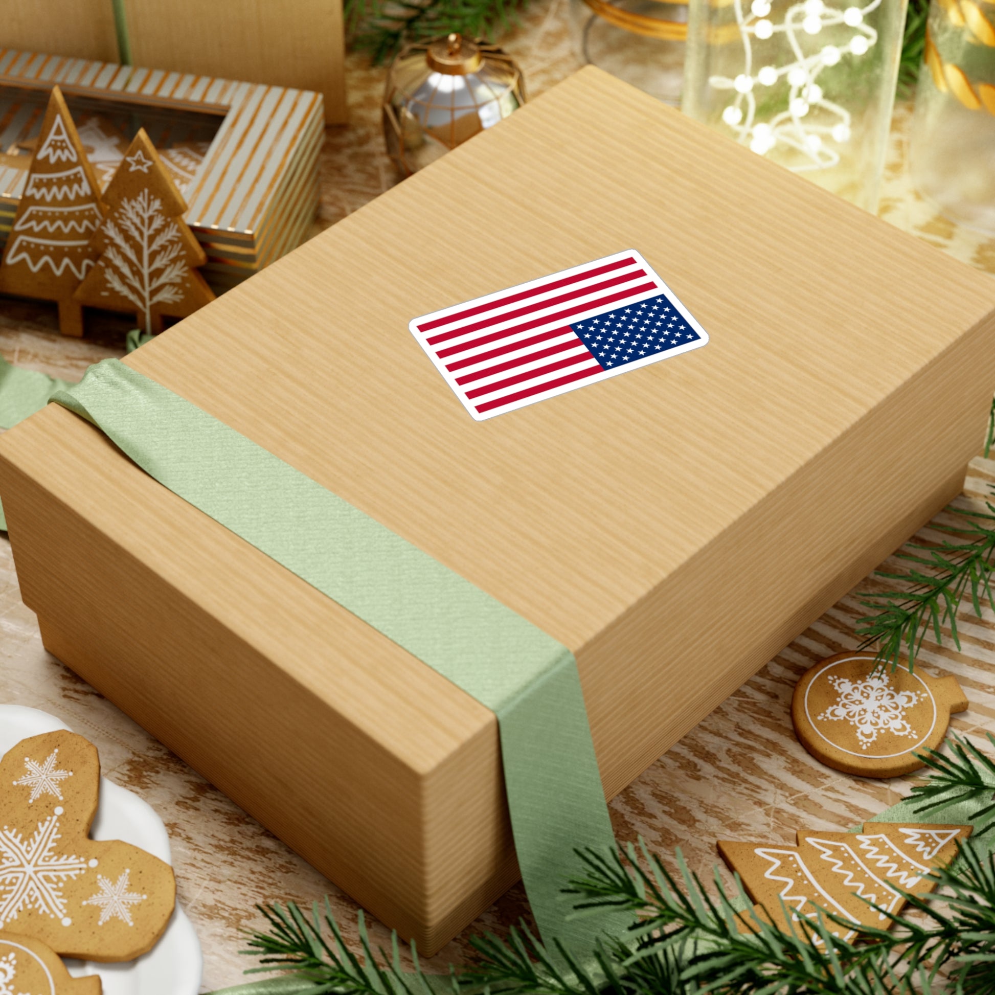 A USA flag sticker being displayed on a box cover