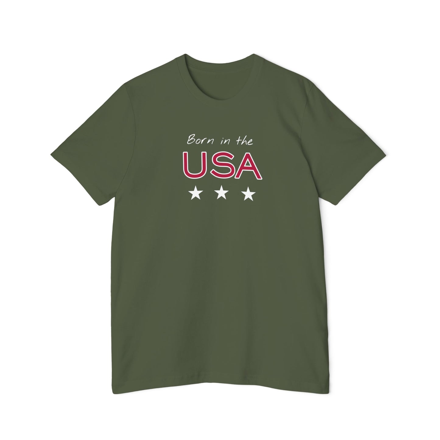 Military green "Born in the USA" T-shirt with bold red and white lettering and three white stars.