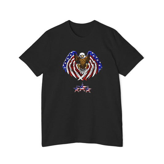 Black T-shirt featuring a graphic of a bald eagle with wings in American flag colors, holding crossed swords above a row of stars in red, white, and blue