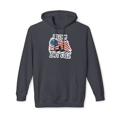 Dark gray hoodie featuring a graphic of a waving American flag with a soldier silhouette and the text 'FREEDOM ISN'T FREE' in bold, distressed lettering