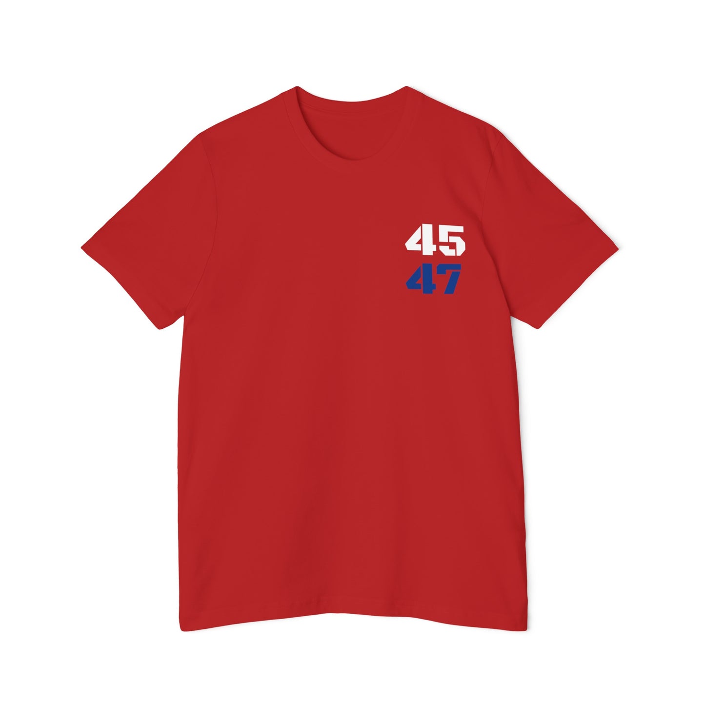 Red t-shirt featuring '45' in white and '47' in blue on the upper left chest, representing Donald Trump as the 45th and potential 47th President of the United States.