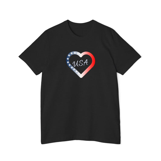 Black t-shirt with a heart-shaped design featuring the American flag colors. The word 'USA' is written in the center of the heart