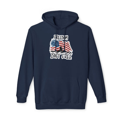 Navy hoodie featuring a graphic of a waving American flag with a soldier silhouette and the text 'FREEDOM ISN'T FREE' in bold, distressed lettering