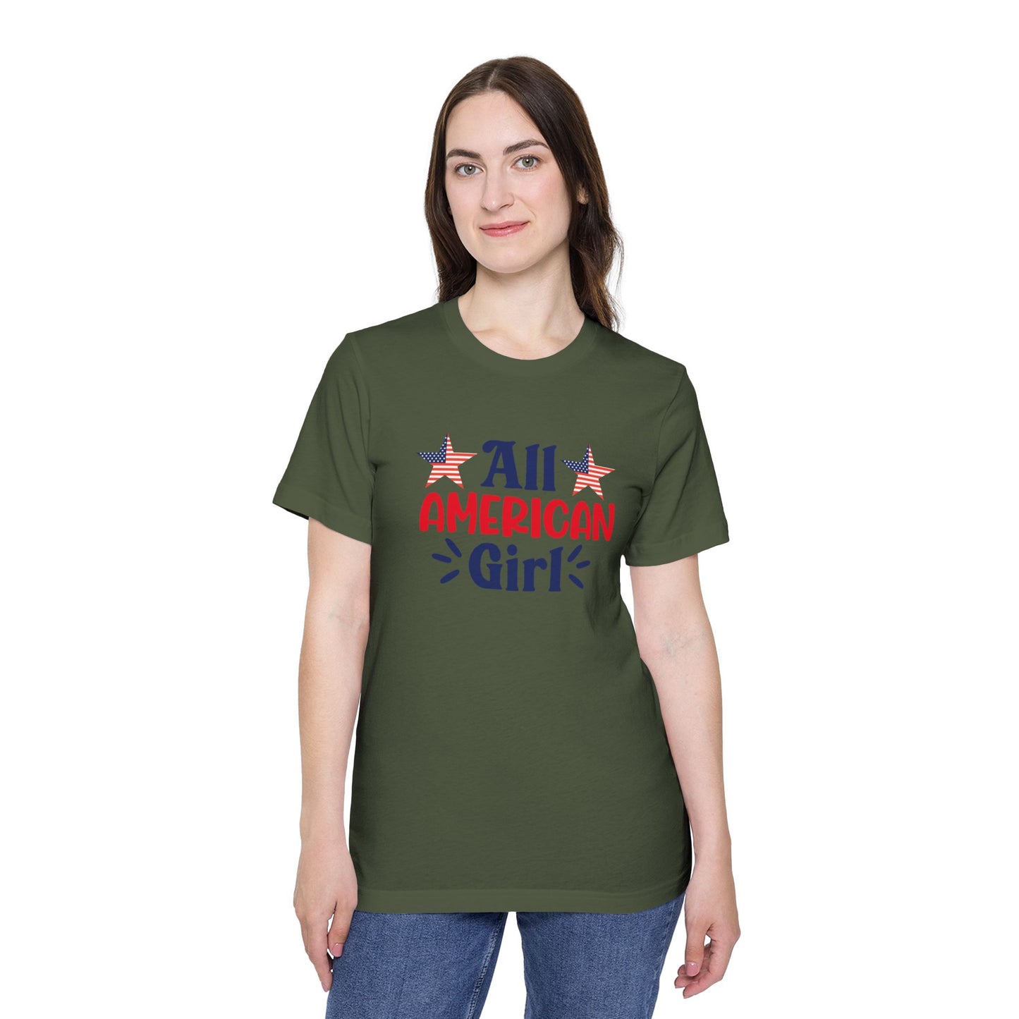 Woman wearing a military green T-shirt with 'All American Girl' text in red and blue, featuring two American flag stars above the text.