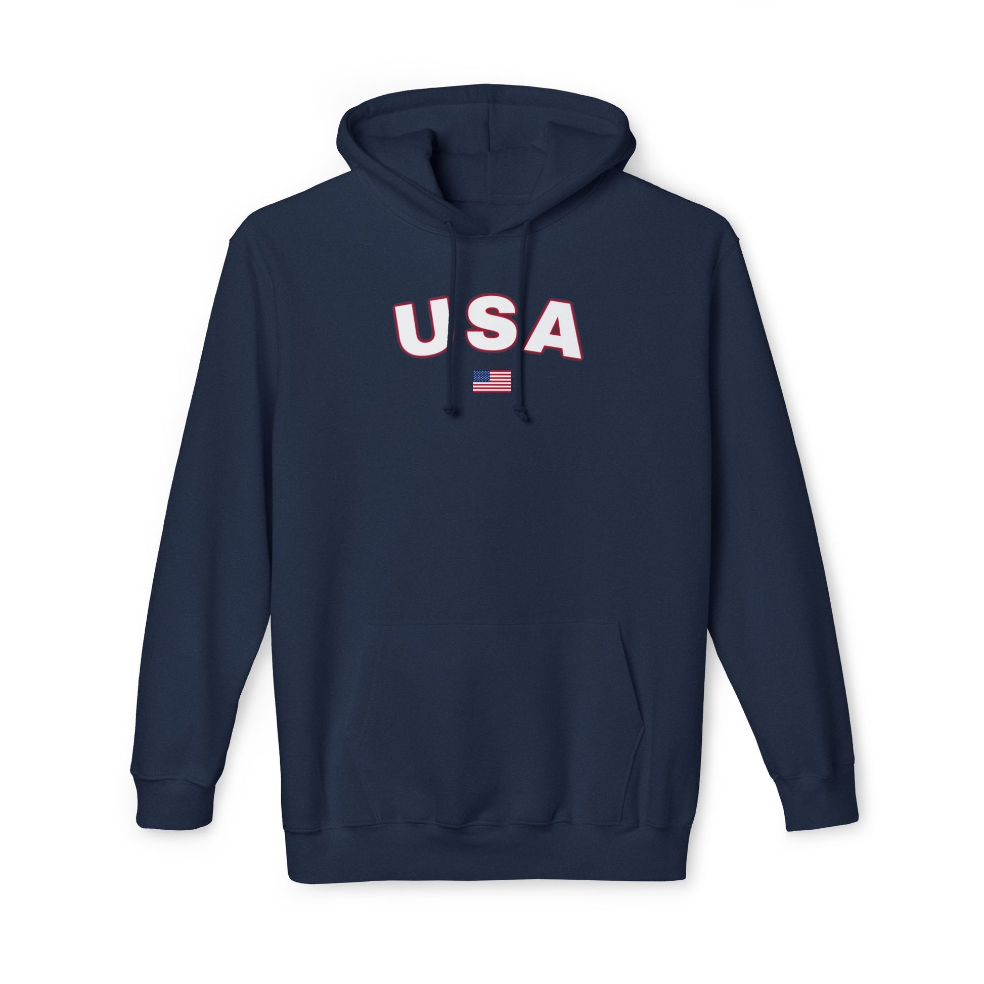 Navy hoodie with the text 'USA' in bold white letters across the chest. Below the text, there is a small American flag