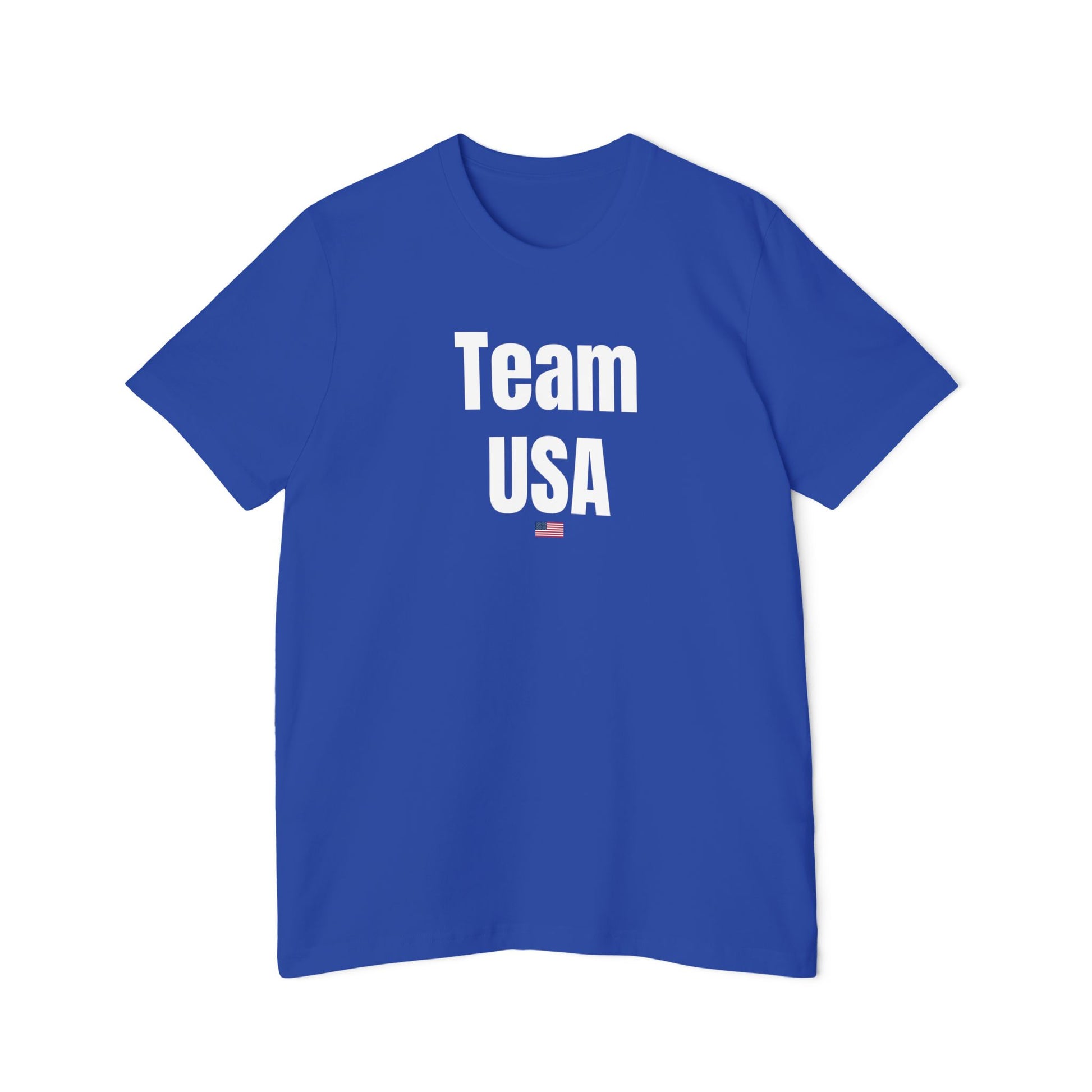 Blue Team USA T-shirt with bold 'Team USA' text and a small USA flag underneath. Simple patriotic design on a classic fit T-shirt.