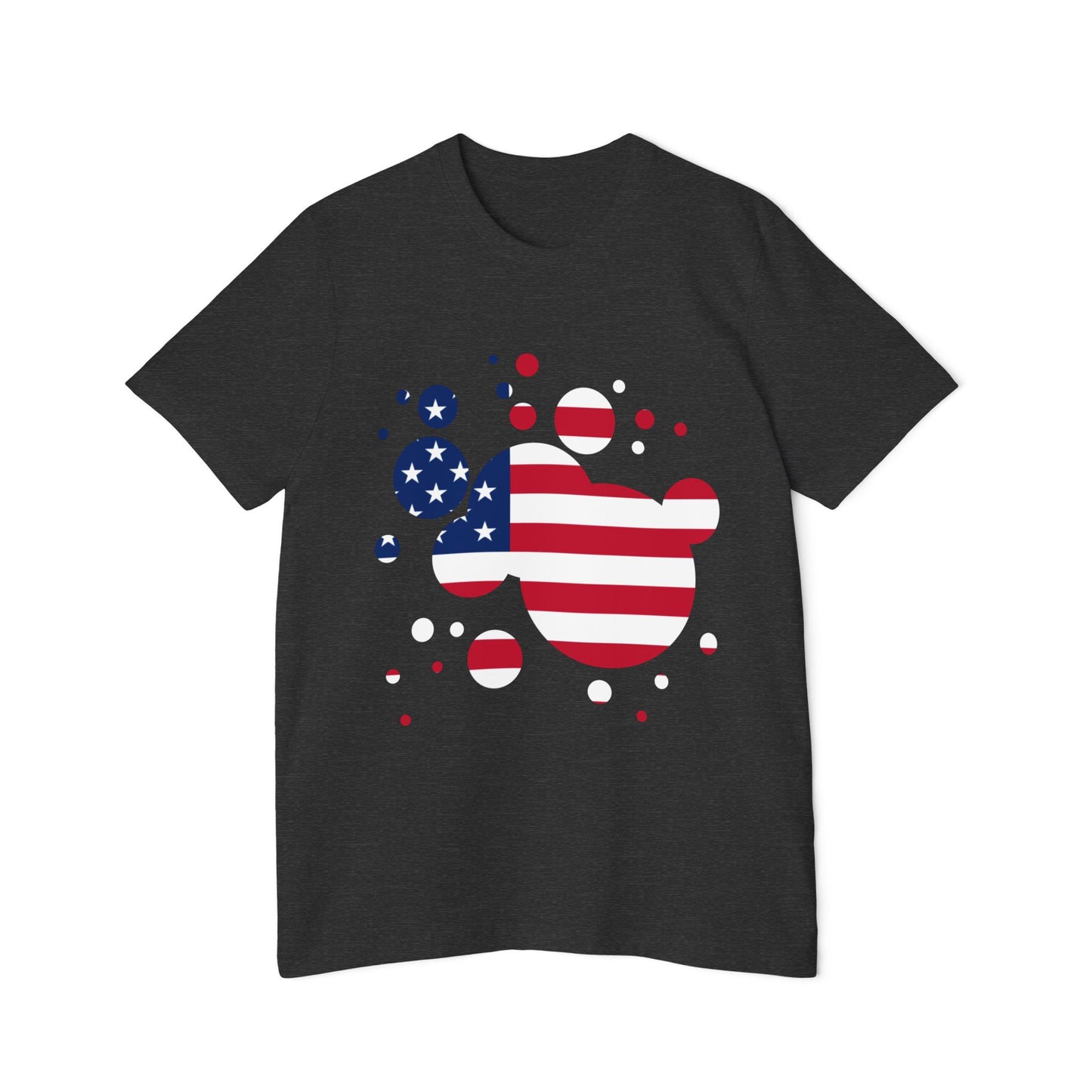 Dark grey t-shirt featuring an abstract American flag design with red and white stripes and blue stars, arranged in scattered bubble shapes