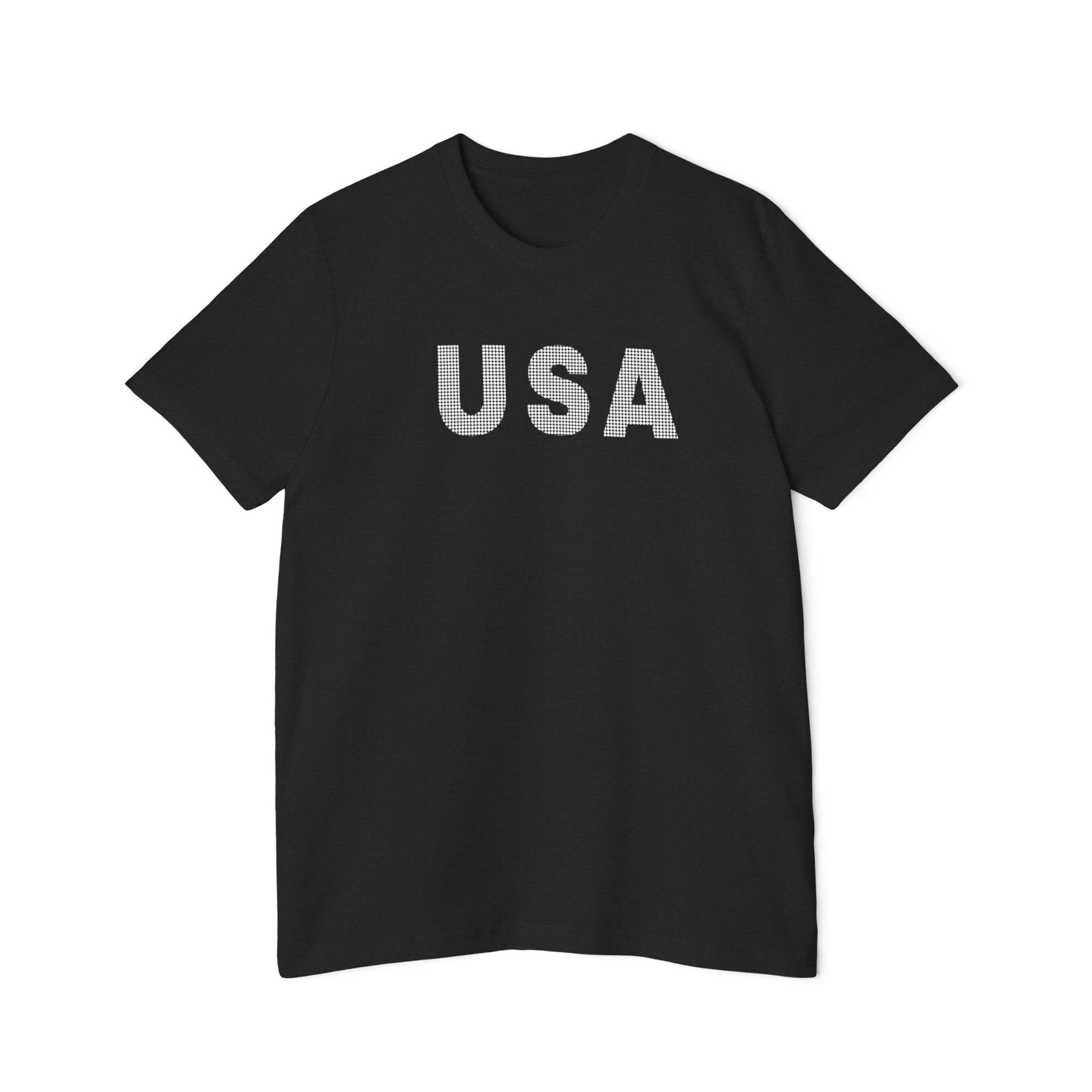 Black T-shirt with the word 'USA' in bold, white capital letters with a dotted texture across the chest