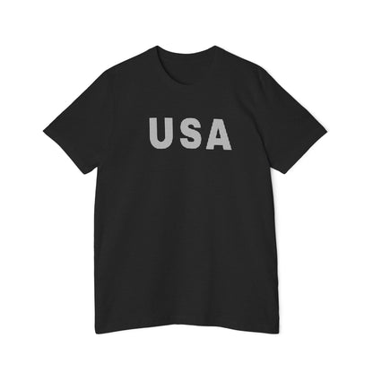 Black T-shirt with the word 'USA' in bold, white capital letters with a dotted texture across the chest