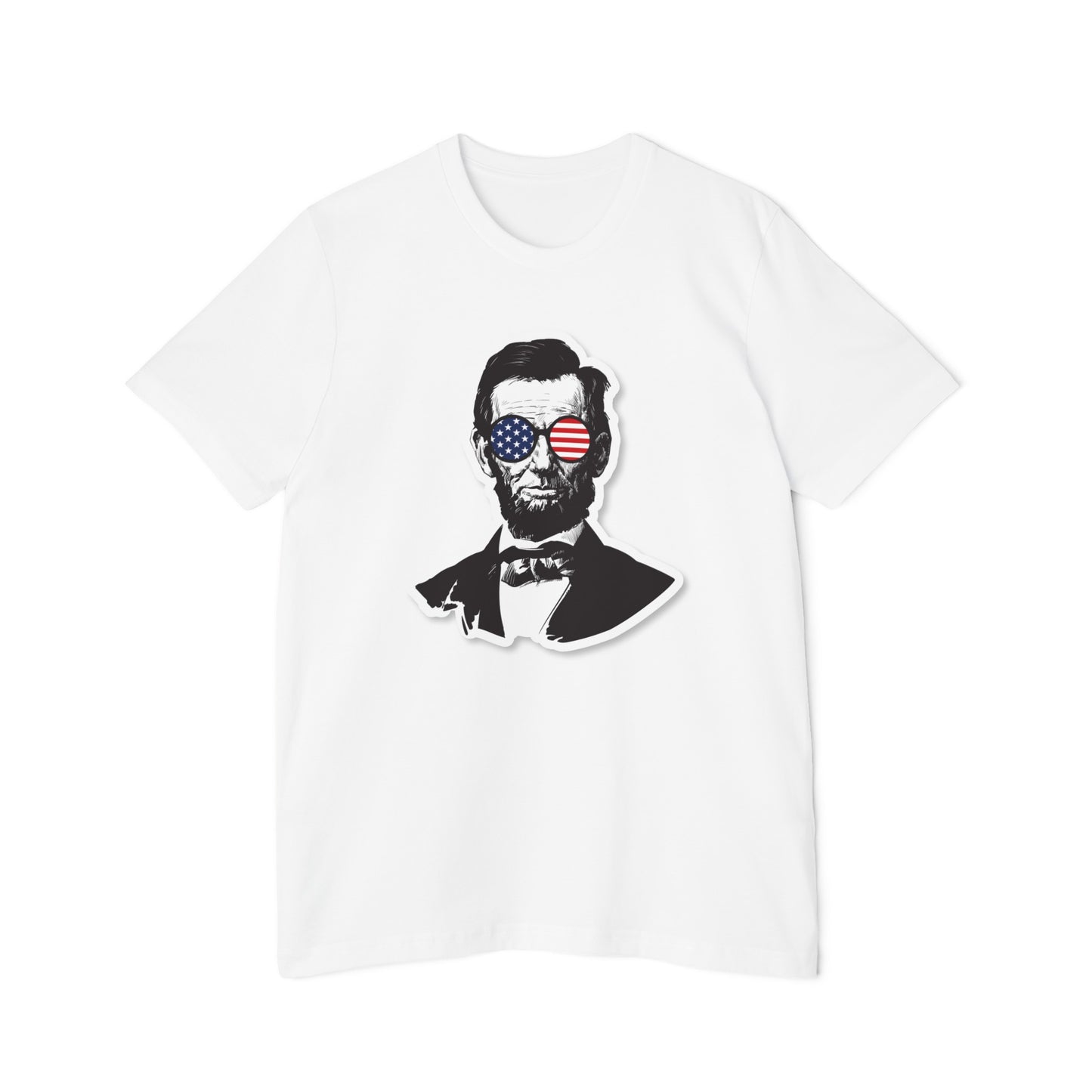 White T-shirt featuring a stylized portrait of Abraham Lincoln wearing sunglasses with the American flag reflected in the lenses