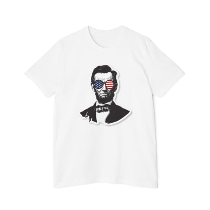 White T-shirt featuring a stylized portrait of Abraham Lincoln wearing sunglasses with the American flag reflected in the lenses