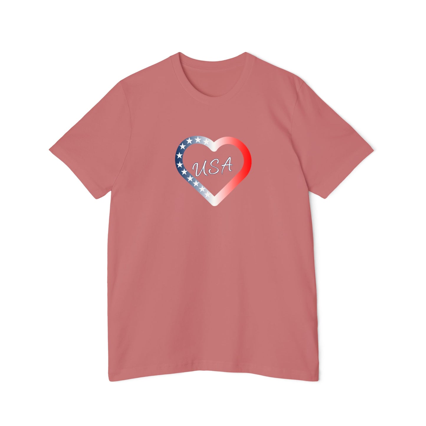 Pink t-shirt with a heart-shaped design featuring the American flag colors. The word 'USA' is written in the center of the heart