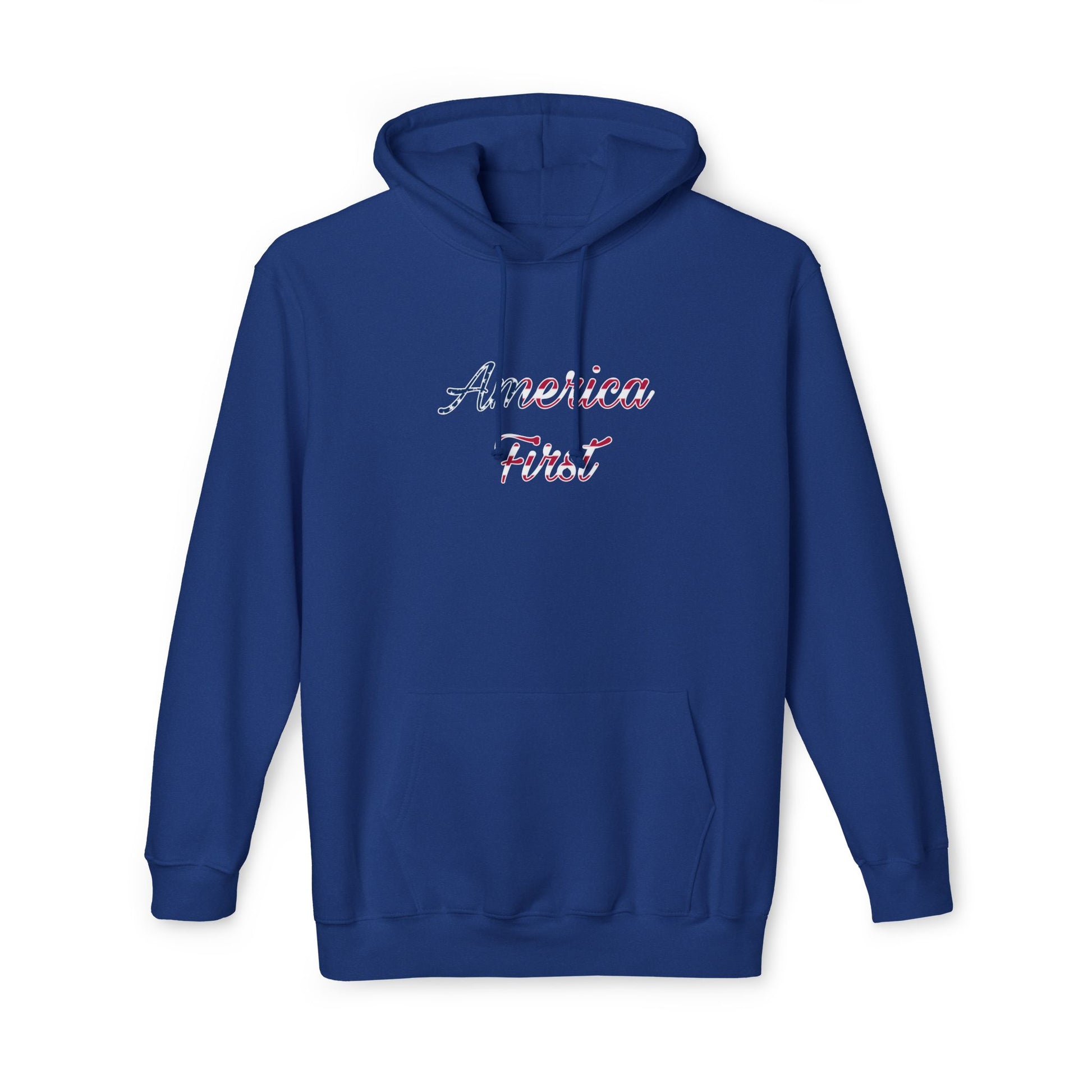 Blue hoodie with 'America First' text in cursive, featuring an American flag pattern within the lettering