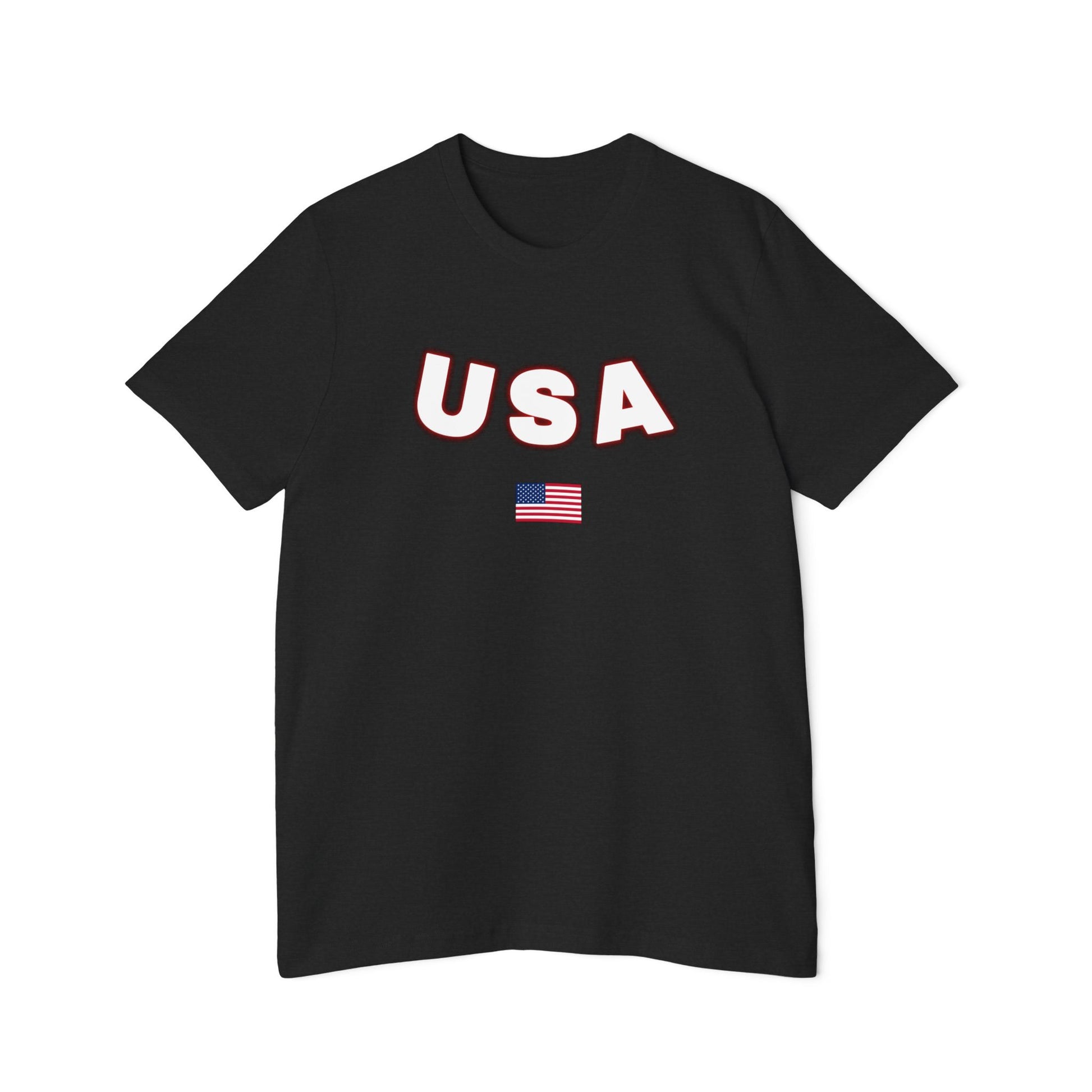 Black T-shirt featuring the text 'USA' in bold white letters with a slight red outline across the chest. Below the text, there is a small American flag