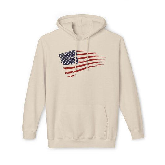 Light Beige hoodie featuring a distressed American flag graphic across the chest