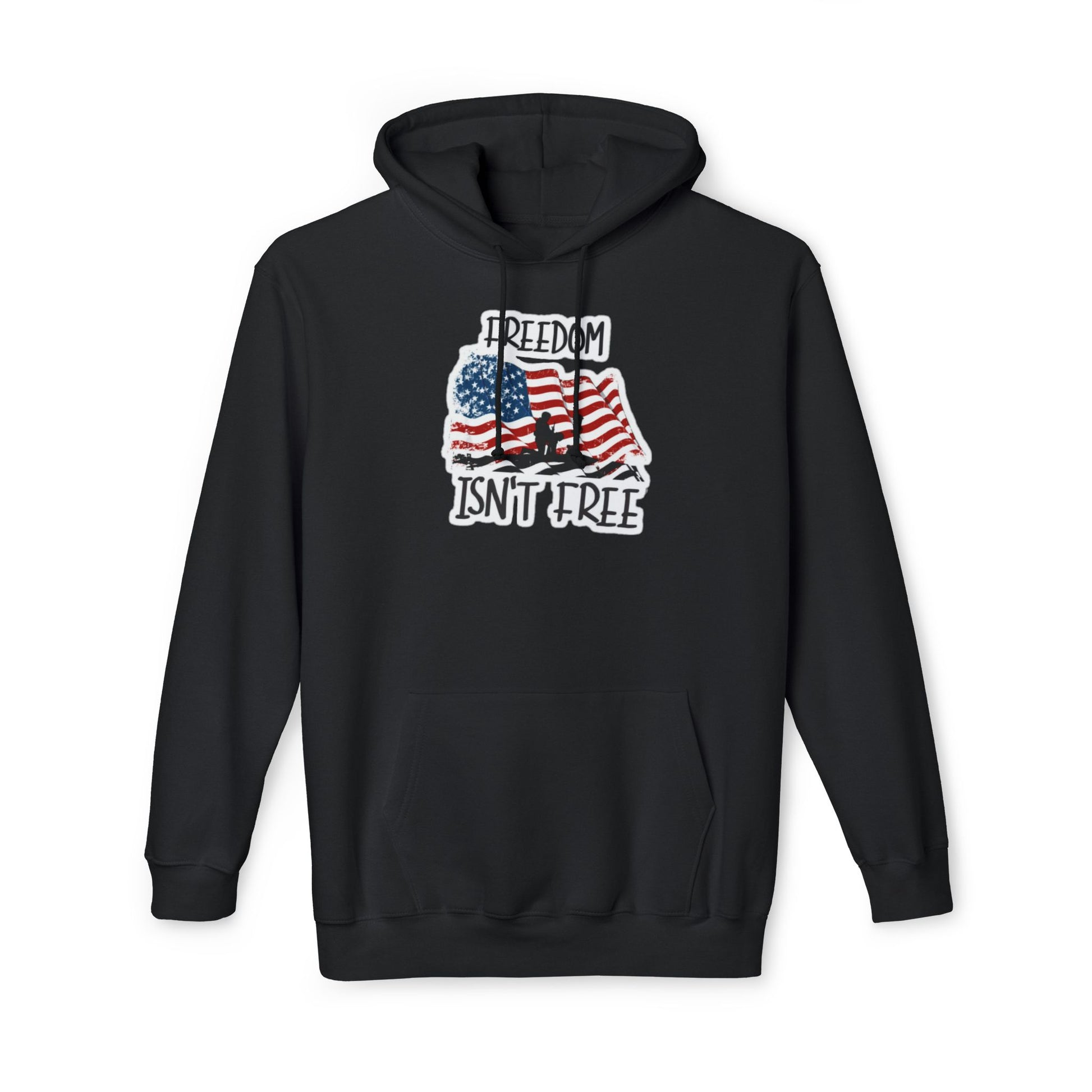 Black hoodie featuring a graphic of a waving American flag with a soldier silhouette and the text 'FREEDOM ISN'T FREE' in bold, distressed lettering