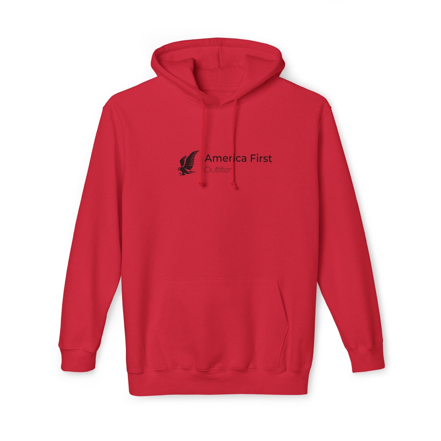 Red hoodie with 'America First Outfitters' text in black, accompanied by an eagle graphic on the left side of the chest