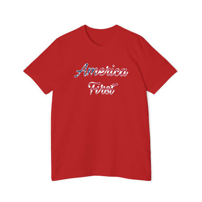 Red T-shirt with 'America First' text in cursive, featuring an American flag pattern within the lettering