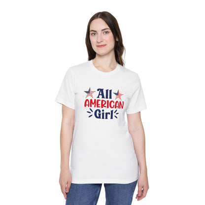 Woman wearing a white T-shirt with 'All American Girl' text in red and blue, featuring two American flag stars above the text