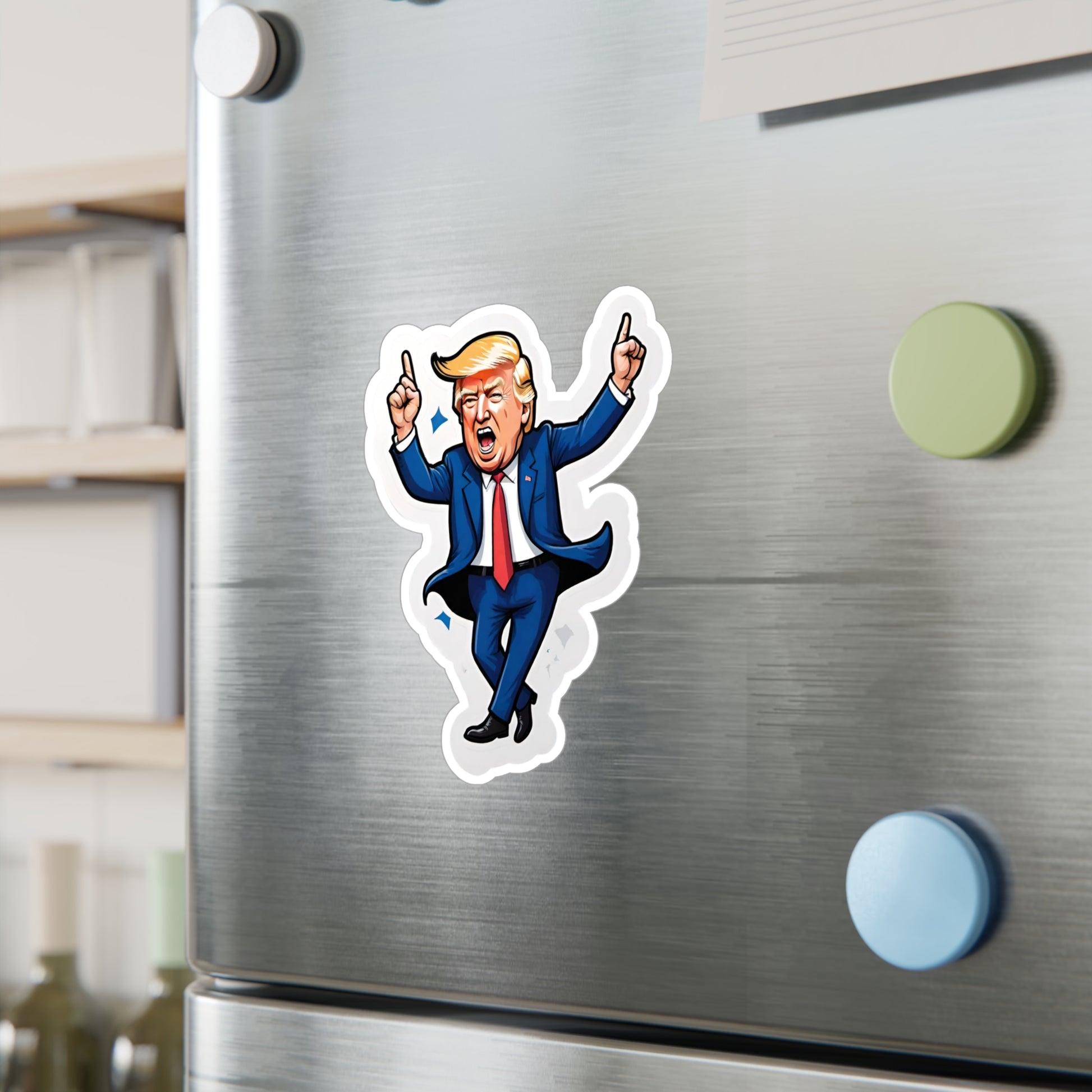 Vinyl car decal of a cartoon looking Donald Trump, dancing with his hands in the air displayed on wall 