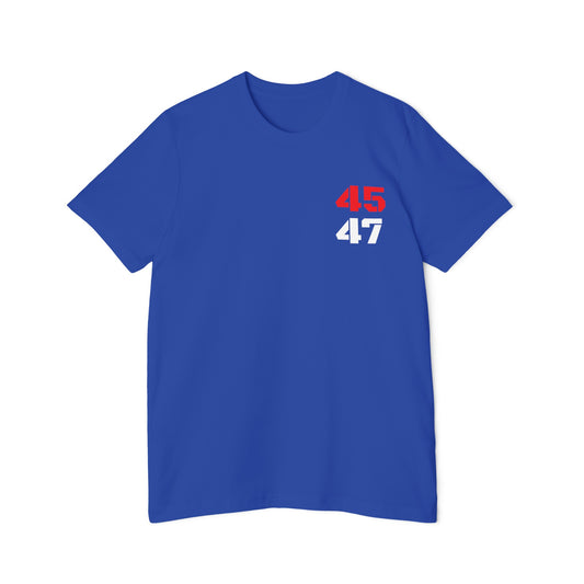 Blue t-shirt featuring '45' in red and '47' in white on the upper left chest, representing Donald Trump as the 45th and potential 47th President of the United States.