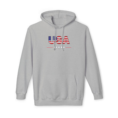 Light gray hoodie featuring the text 'USA' in bold letters across the chest, with the letters filled with an American flag pattern. Below the text, there is a line with five stars, reinforcing a patriotic theme