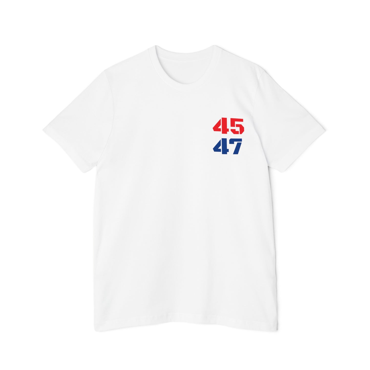 White t-shirt featuring '45' in red and '47' in blue on the upper left chest, representing Donald Trump as the 45th and potential 47th President of the United States.