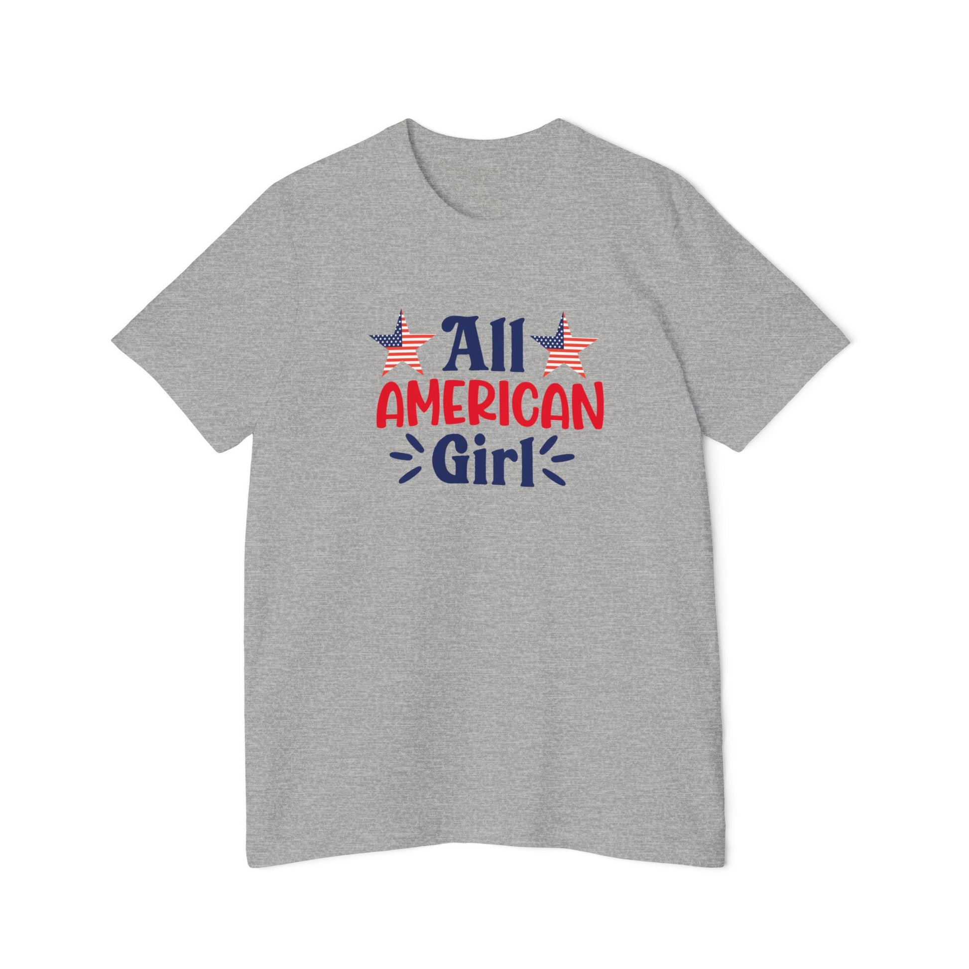 Gray T-shirt with 'All American Girl' text in red and blue, featuring two American flag stars above the text.