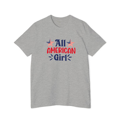 Gray T-shirt with 'All American Girl' text in red and blue, featuring two American flag stars above the text.