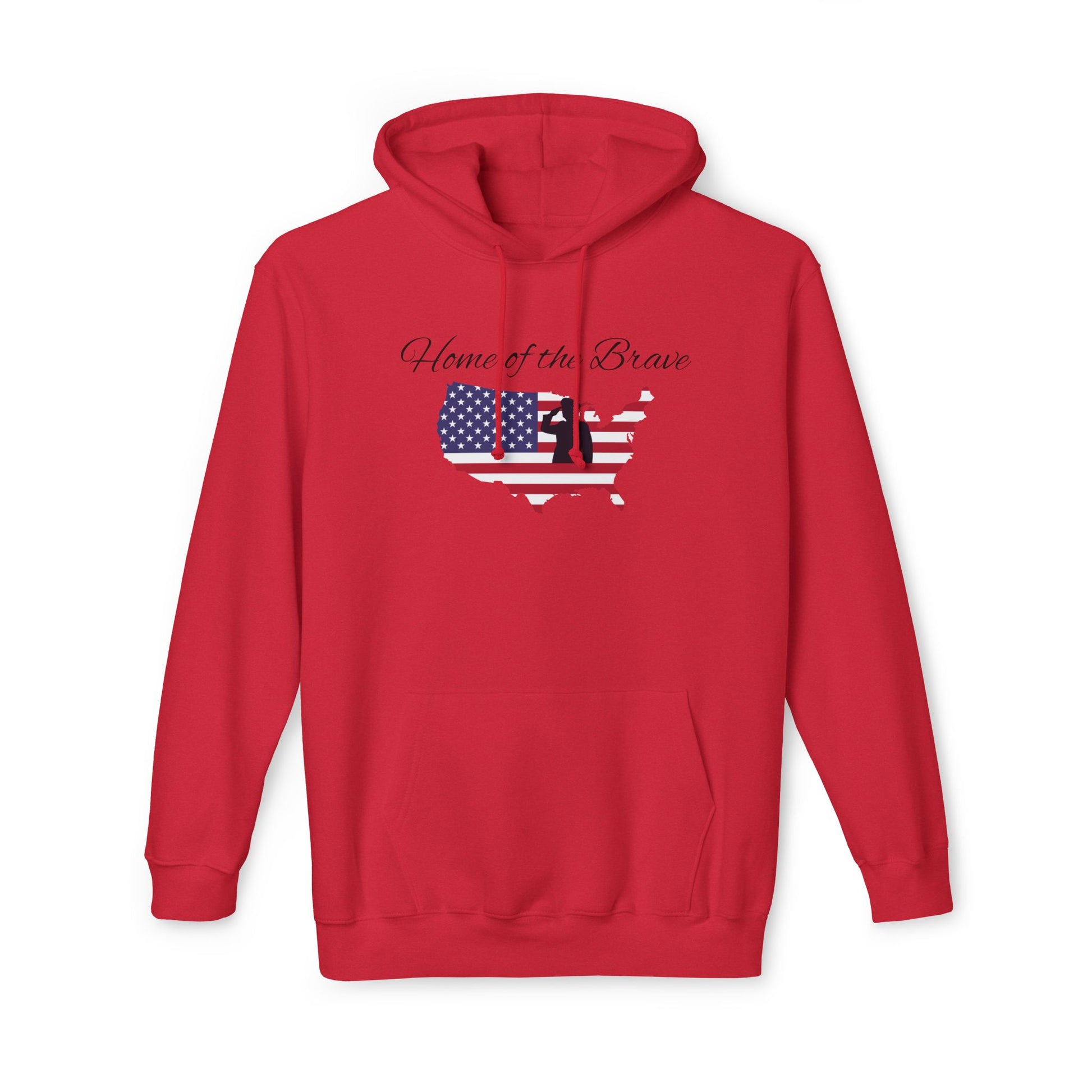 Red hoodie featuring the phrase 'Home of the Brave' above a silhouette of the United States, with the American flag design filling the silhouette