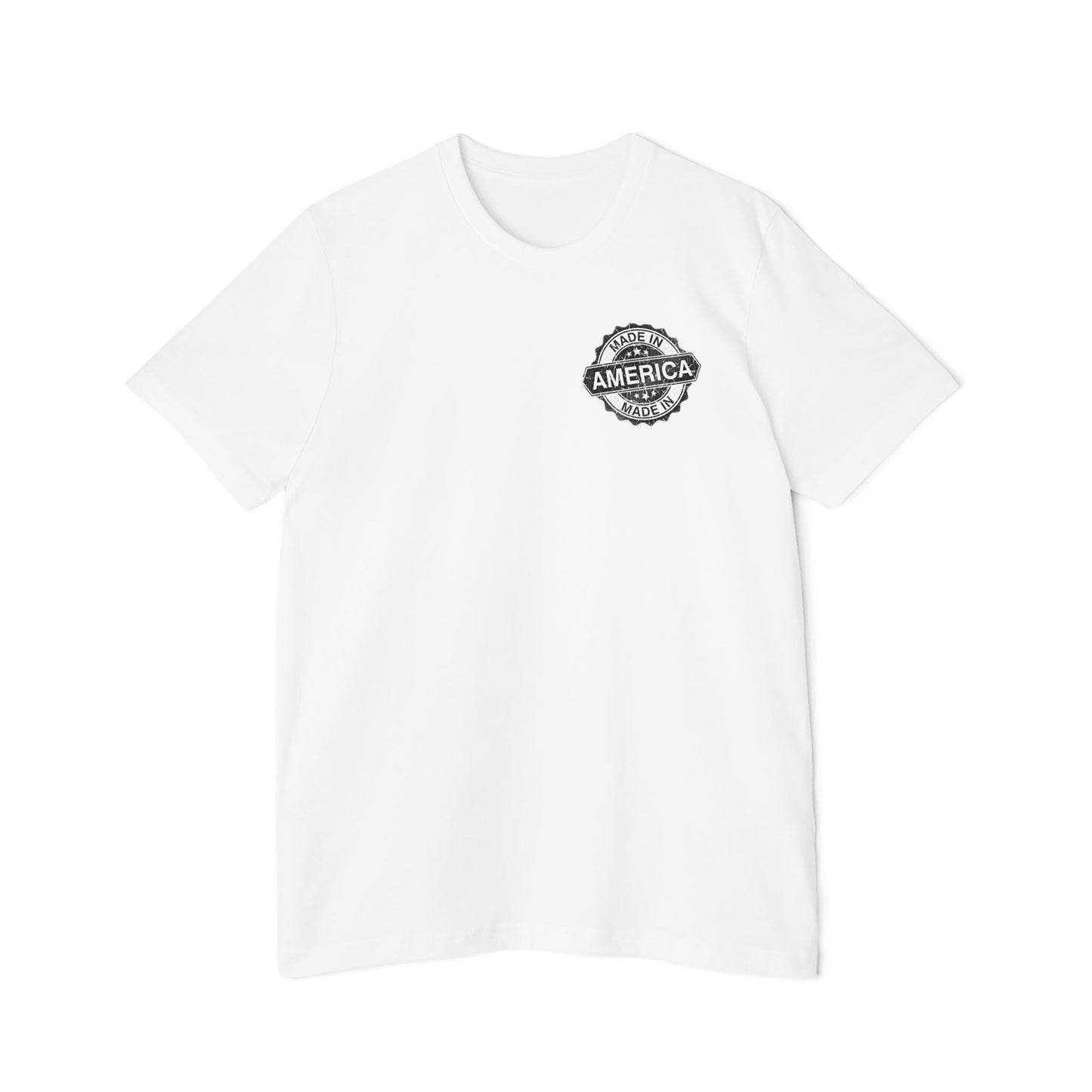 White T-shirt with a small 'Made in America' badge design on the left chest