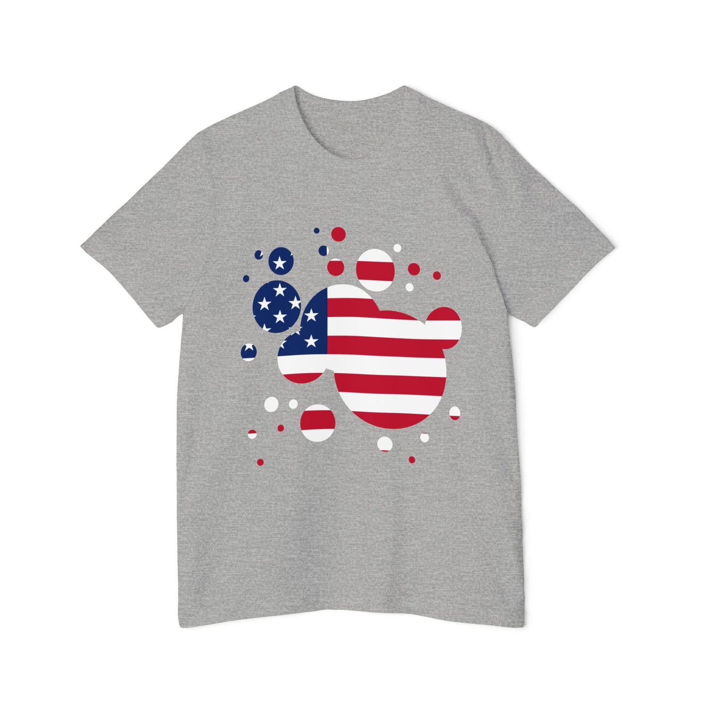 Light grey t-shirt featuring an abstract American flag design with red and white stripes and blue stars, arranged in scattered bubble shapes