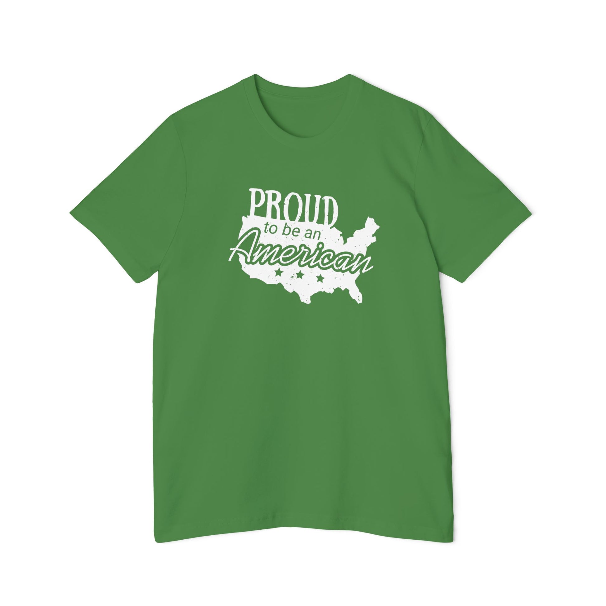 Green T-shirt featuring the phrase 'Proud to be an American' over a white silhouette of the United States map with stars