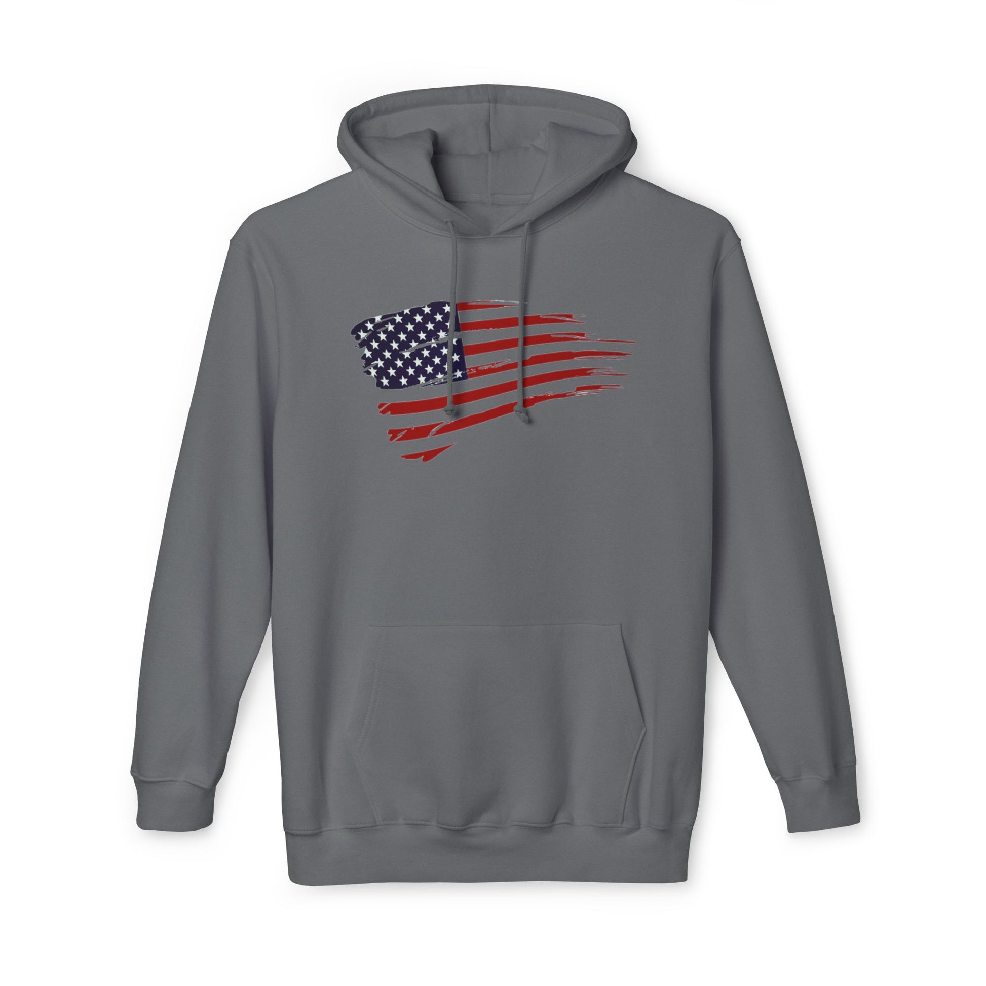 Dark gray hoodie featuring a distressed American flag graphic across the chest