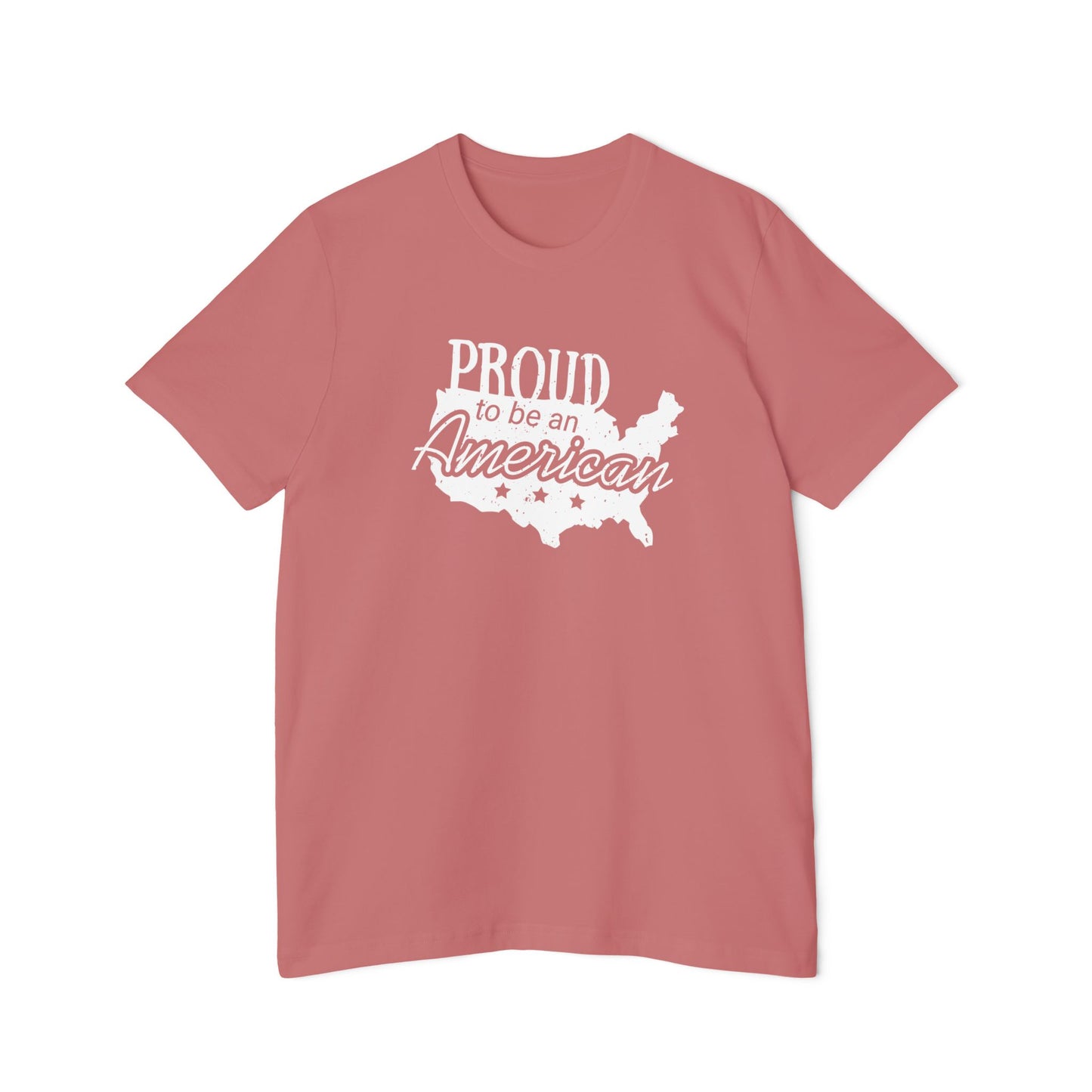 Pink T-shirt featuring the phrase 'Proud to be an American' over a white silhouette of the United States map with stars