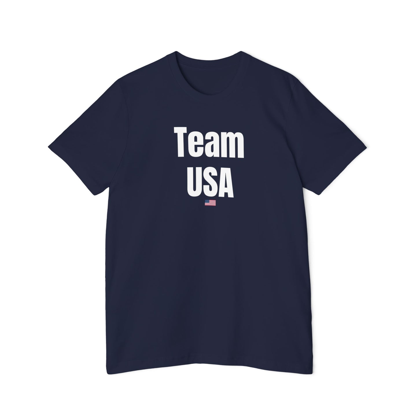 Navy Team USA T-shirt with bold 'Team USA' text and a small USA flag underneath. Simple patriotic design on a classic fit T-shirt.