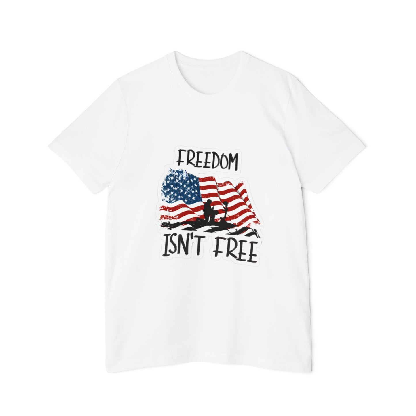 White T-shirt featuring a graphic of a waving American flag with a soldier silhouette and the text 'FREEDOM ISN'T FREE' in bold, distressed lettering