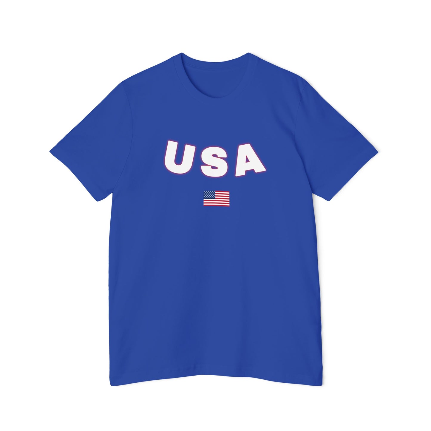 Blue T-shirt featuring the text 'USA' in bold white letters with a slight red outline across the chest. Below the text, there is a small American flag