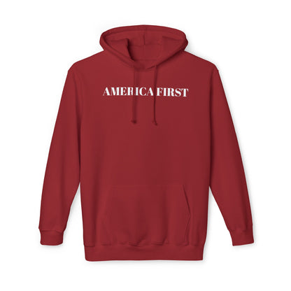 Cardinal hoodie with 'America First' text in bold white capital letters across the chest