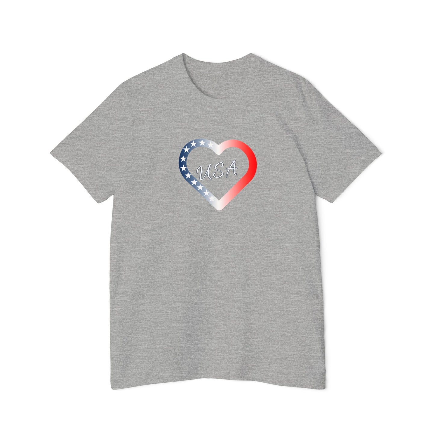 Light grey t-shirt with a heart-shaped design featuring the American flag colors. The word 'USA' is written in the center of the heart