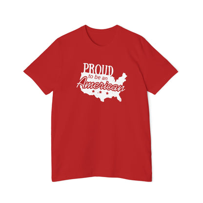 Red T-shirt featuring the phrase 'Proud to be an American' over a white silhouette of the United States map with stars