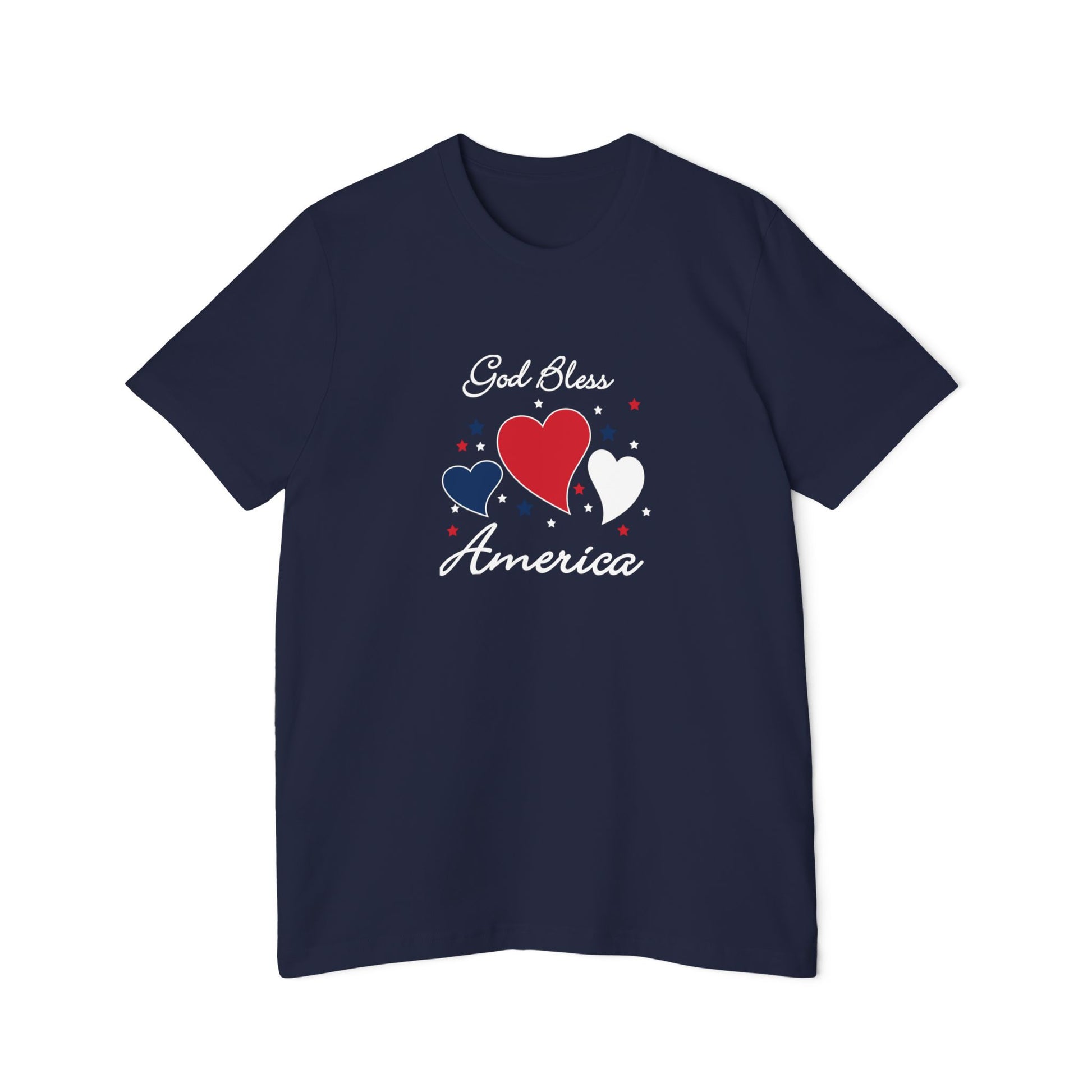 Navy t-shirt with a design showing showing 3 blue, red and white hearts surrounded by blue, red and white stars with the words. God Bless America around the hearts and stars.