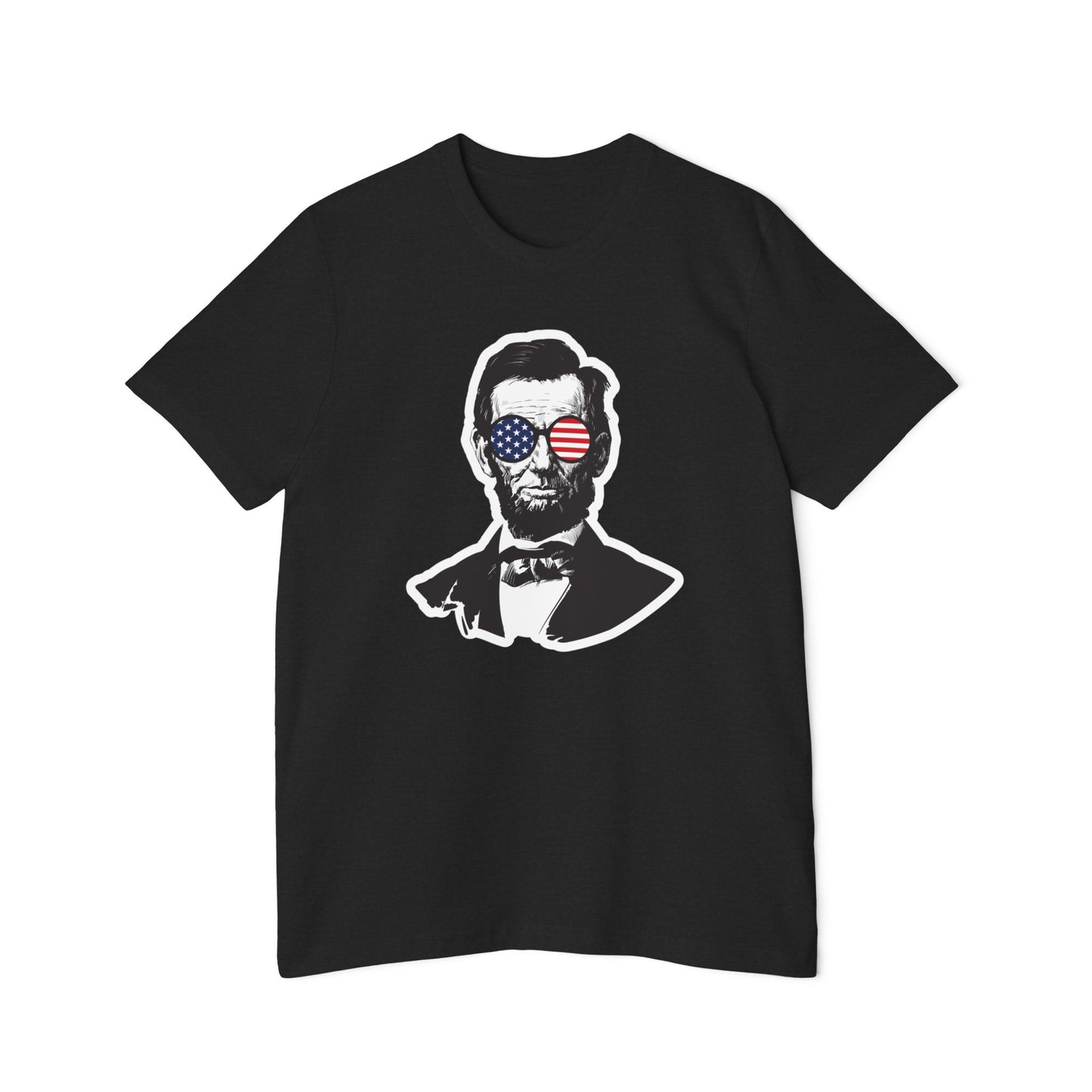 Black T-shirt featuring a stylized portrait of Abraham Lincoln wearing sunglasses with the American flag reflected in the lenses