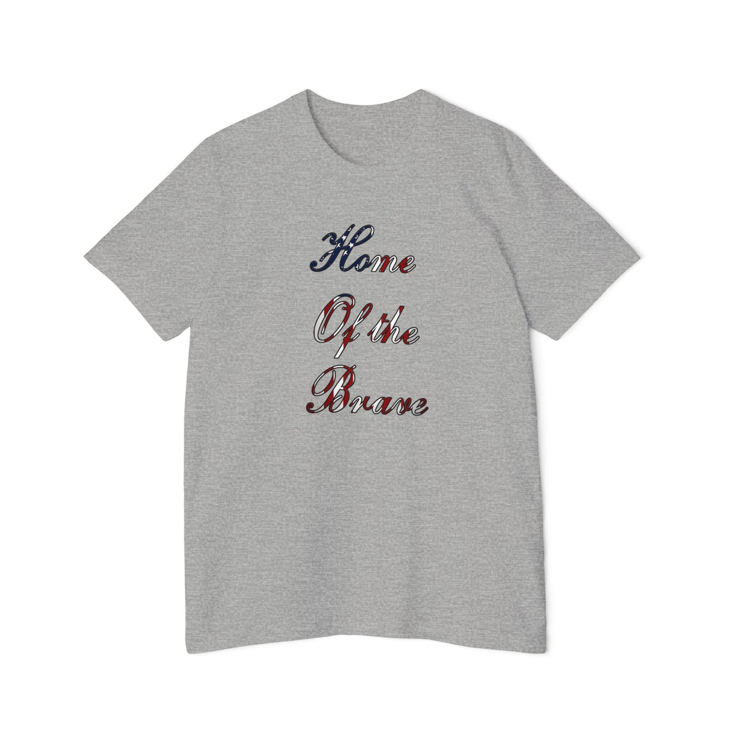 Light gray T-shirt with the phrase 'Home of the Brave' written in a decorative font, featuring an American flag pattern within the text